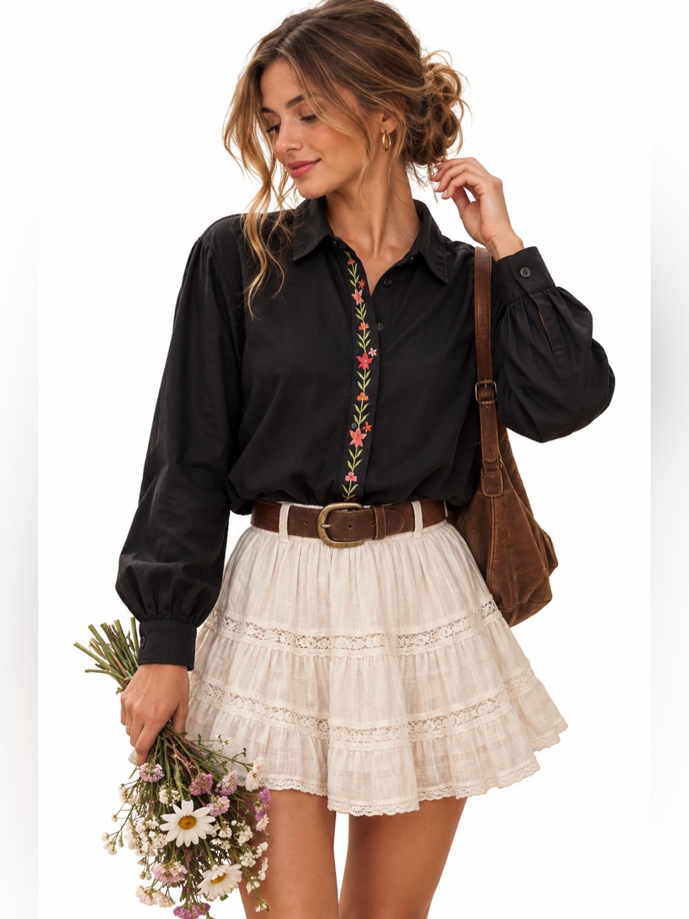 Wayward Fancies x eShakti Black Embroidered Button Front Blouse Floral Cotton